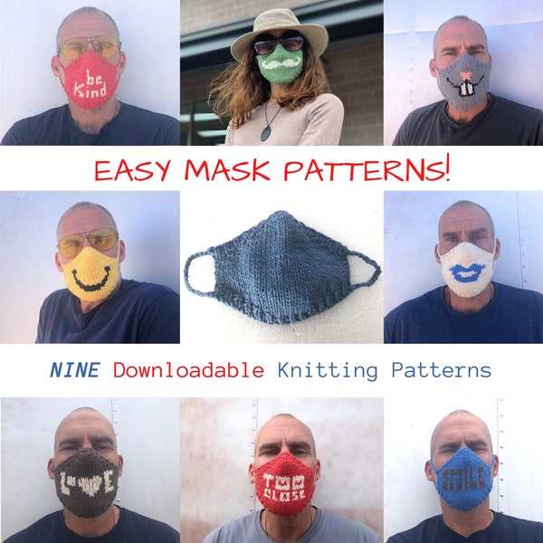 Knitting Pattern PACK, 9 Easy Face Mask PATTERNS, Bunny Mask, Lips Mask, Mustache Mask, face mask pdf, easy knit, funny face mask, kids mask