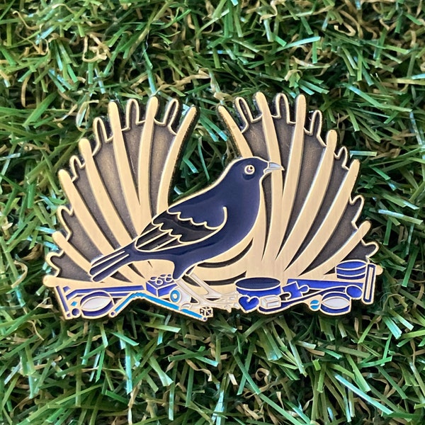 Satin Bowerbird 50mm Soft Enamel Pin - Australian Friends and Flowers - Aussie Animals - Lapel Pin, Cloissone Badge