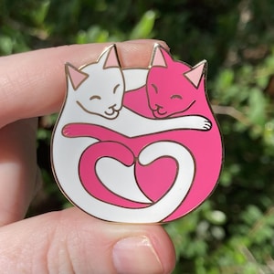 Cuddling Cats Hard Enamel Pin - Pink and White