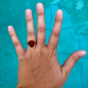 May include: A hand wearing a ring with a red gemstone. The ring is on the middle finger of the hand. The hand is against a turquoise background.