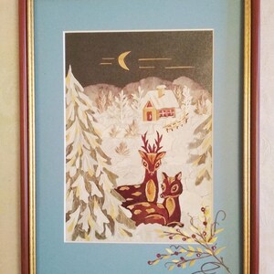 Winter landscape with deer  Original artwork Pressed flower art wall decor Dried flowers Herbarium Botanical art Framed flowers Oshibana