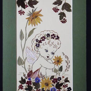 Small Angel Original artwork Pressed flower art wall decor Dried flowers Herbarium Botanical art Framed flowers Oshibana