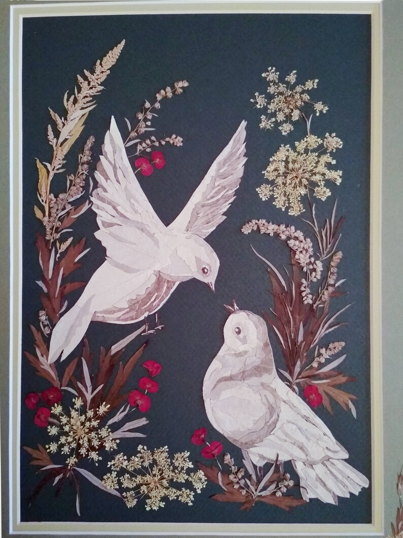 Doves Original artwork Pressed flower art wall decor Dried Etsy