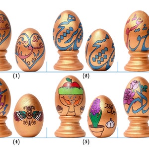 May include: Ten decorative eggs with intricate designs painted on a metallic copper surface. The eggs are displayed on small golden stands. The designs include floral patterns, calligraphy, and traditional Persian motifs.