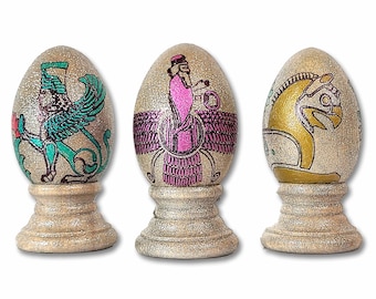 Decorative Egg Set 2, Nowruz Norooz Haftseen Haftsin, Persian Calligraphy Poems, Stone Reliefs of Takht e Jamshid Persepolis, Made in USA