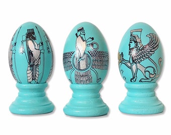 3 Pieces Decorative Egg Set 10, Nowruz Haftseen Haftsin, Persian Calligraphy Poems, Stone Reliefs of Takht e Jamshid Persepolis, Made in USA