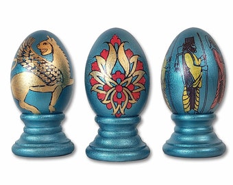 3 Pieces Decorative Egg Set 3, Nowruz Norooz Haftsin, Persian Calligraphy Poems, Stone Reliefs of Takht e Jamshid Persepolis, Made in USA