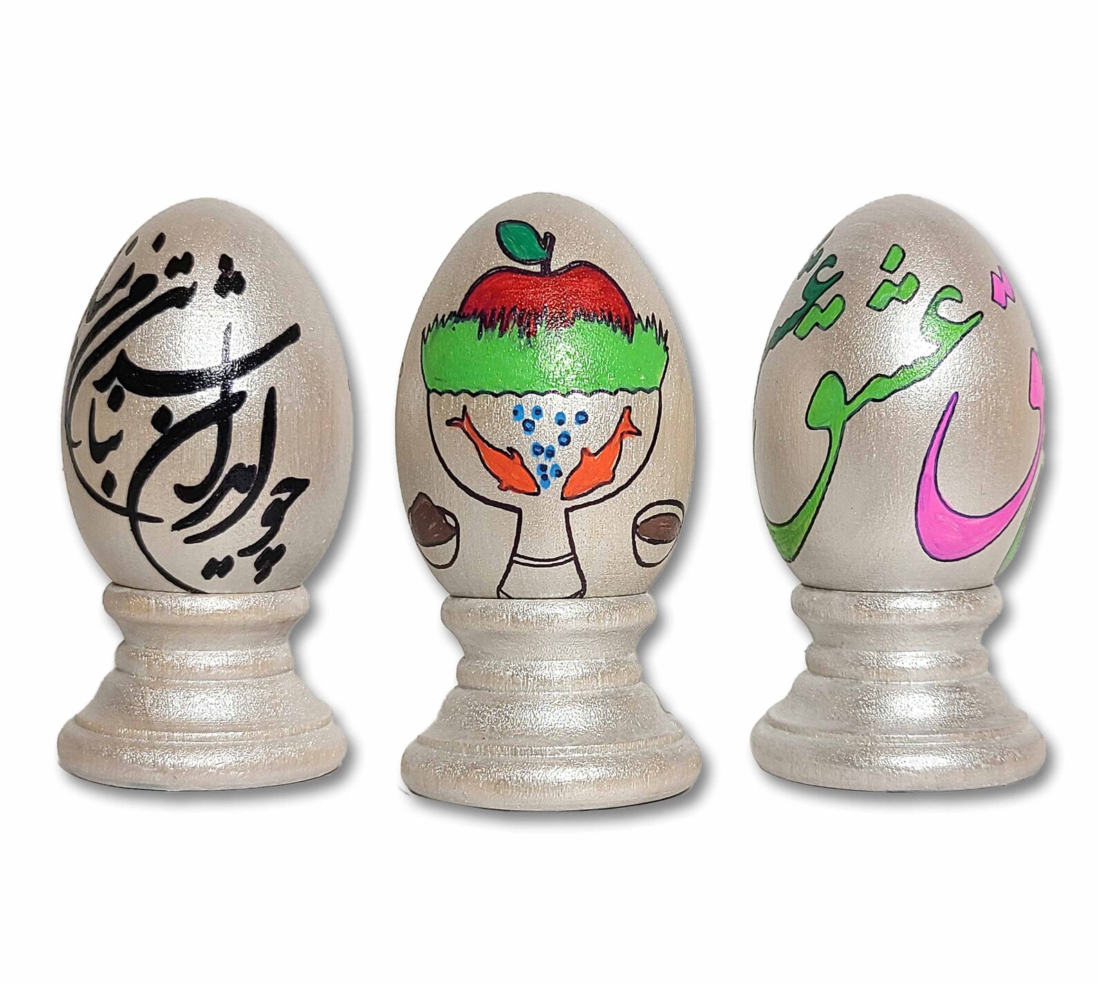 3 Pieces Decorative Eggs Set 7, Nowruz Norooz Haftsin, Persian Calligraphy Poems, Stone Reliefs of Takht e Jamshid Persepolis, Made in USA