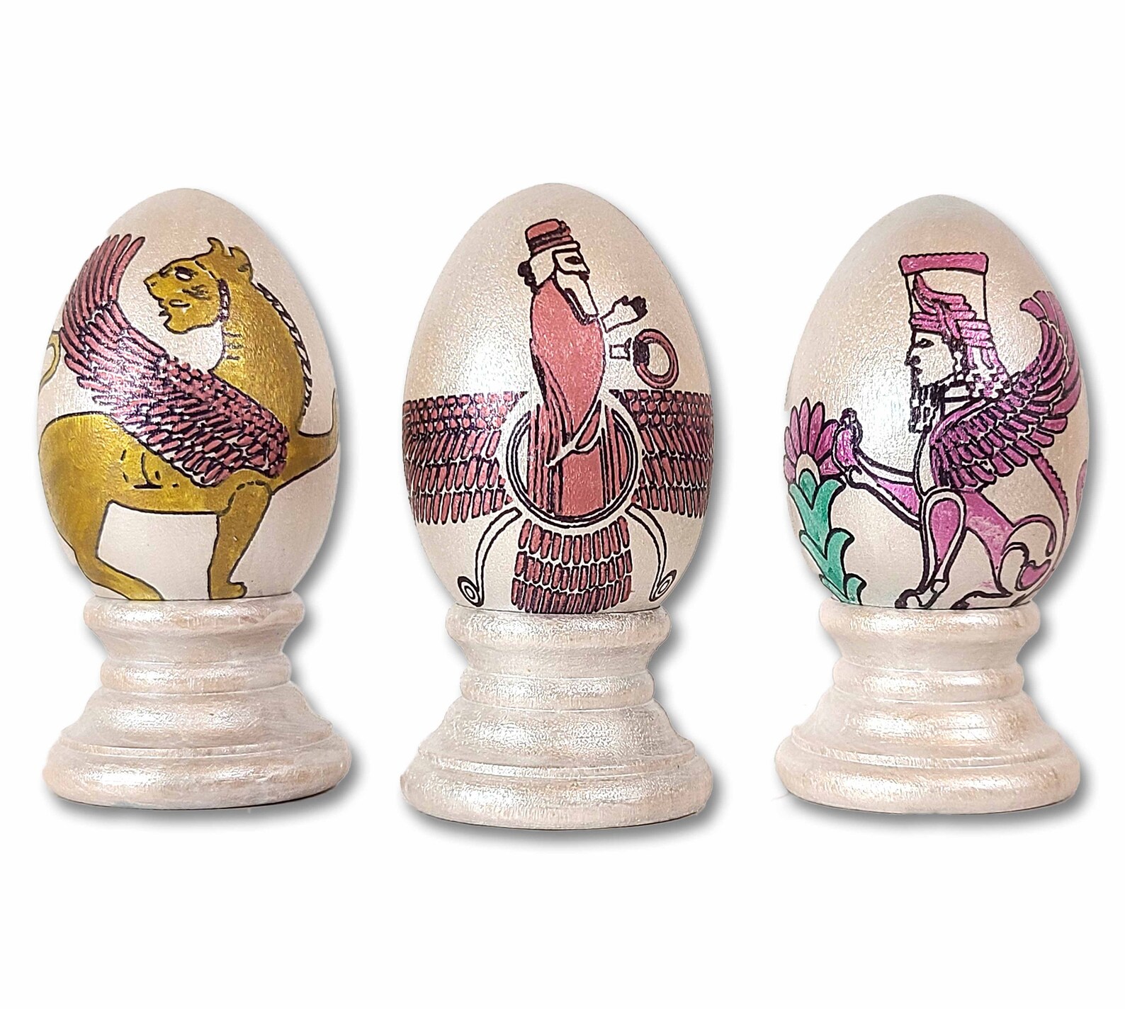 3 Pieces Decorative Egg Set 8, Nowruz Haftseen Haftsin, Persian Calligraphy Poems, Stone Reliefs of Takht e Jamshid Persepolis, Made in USA