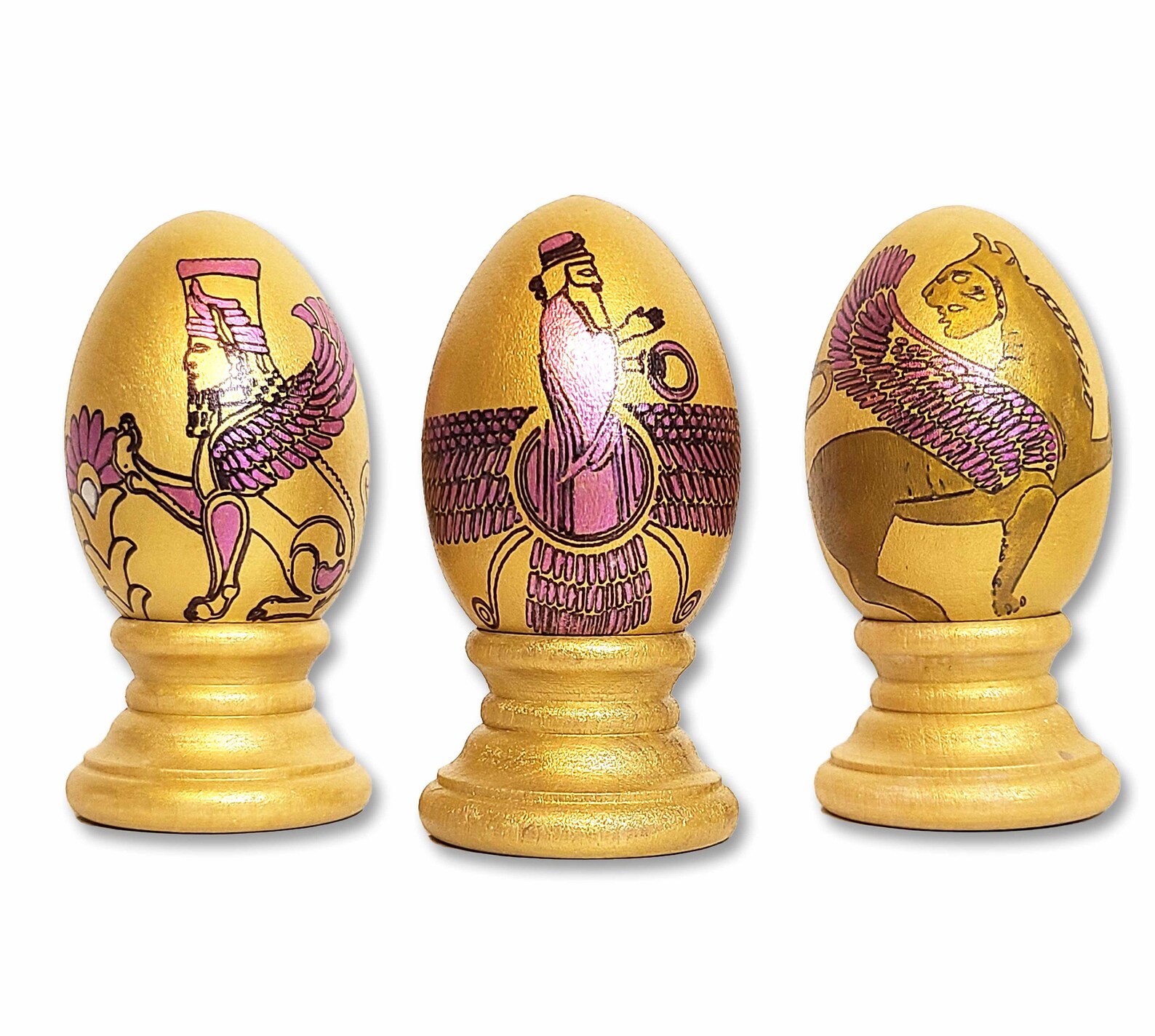 Decorative Egg Set 4, Nowruz Norooz Haftseen Haftsin, Persian Calligraphy Poems, Stone Reliefs of Takht e Jamshid Persepolis, Made in USA