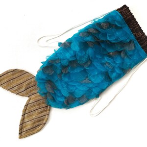 May include: A blue and brown mermaid tail costume with a tulle skirt and a brown fabric tail fin.