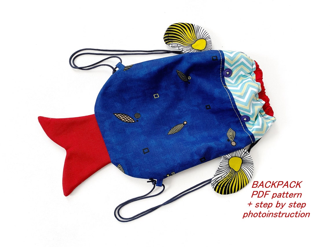 Fish drawstring backpack kids sewing pattern Beach bag for Etsy