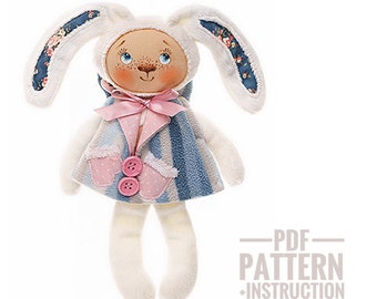 Plush Bunny in coat sewing pattern, Bunny pattern PDF, Bunny doll pattern, Rag doll pattern