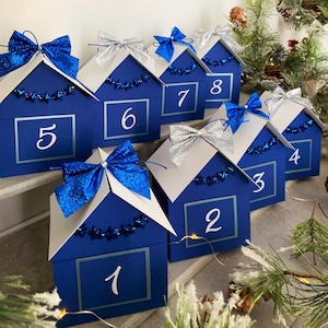 Christmas Village Miniature Snowy Houses Winter Wonderland, DIY advent calendar boxes, Paper Christmas village houses Countdown calendar kit