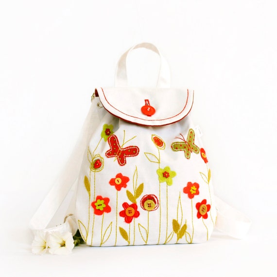 White Vegan Backpack, White backpack, Embroidered Backpack, Floral Backpack Small White Stylish Vegan Backpack With Embroidered Flower  main image 3