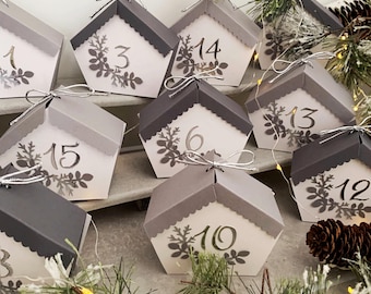 Weihnachtsdorf, Weihnachtshäuser aus Papier, Weihnachtshäuschen, Weihnachtshäuschen, Adventskalender, Weihnachtsgirlande.