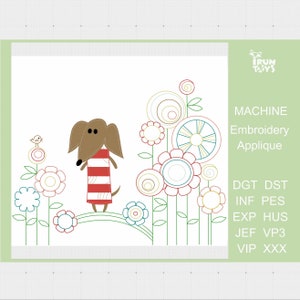 Dachshund dog machine embroidery design flowers Baby embroidery pattern kids