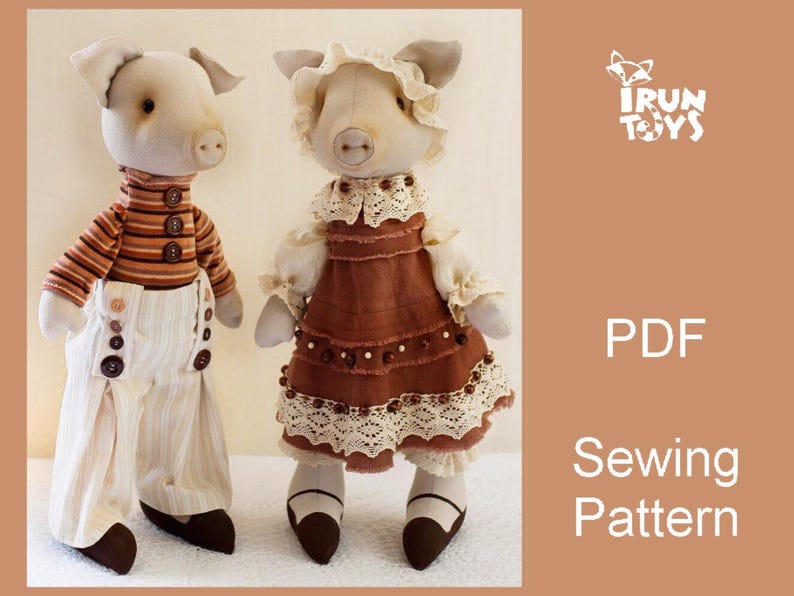 PIG PATTERN PDF, Pig doll digital pattern, Fabric doll pattern, Sewing instruction piggy toy, Pattern vintage textile interior rag doll image 2