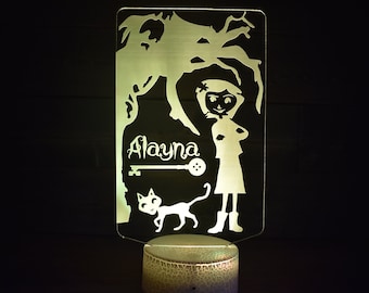 Coraline key and cat lamp inspired from Coraline. LED Lamp with 16 colors and batteries included.