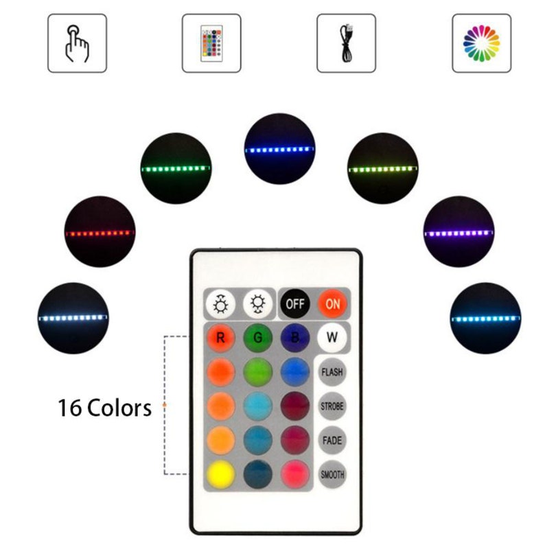 Op de afbeelding: Een afstandsbediening met 16 kleur opties voor LED-verlichting. De afstandsbediening heeft knoppen voor aan, uit, knipperen, stroboscoop, vervagen en soepel. De afstandsbediening heeft ook knoppen voor rood, groen, blauw en wit.