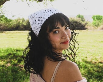 White Crochet Hair Scarf - Cotton Triangle Headscarf, Boho Festival Bandana, Cottagecore Accessory
