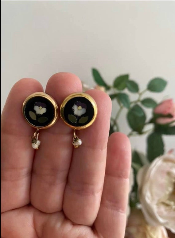 Antique Art nouveau pietra dura pansy earrings