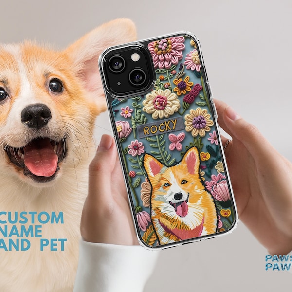 Floral Charm Custom Pet Phone Case Using Pet Photo Name Vintage Custom Dog Phone Case Embroidery Look Cat Phone Case Custom iPhone Case