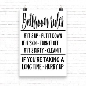 Bathroom Rules Printable Art, Washroom and Toilet Wall Decor Sign ...