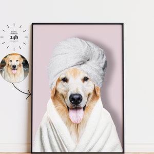 Custom Dog Portrait Wearing Towel Print Custom Pet Portrait from Photo Animal in Bathtub Funny Bathroom Art Print Personalized Pet Dog Gift