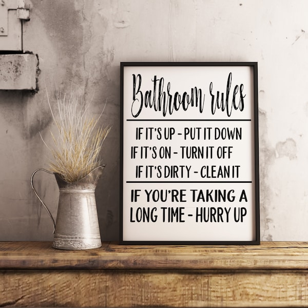 Bathroom Rules Printable Art, Washroom and Toilet Wall Decor Sign, Funny Print Typography Poster: 4x6, 5x7, 8x10, 11x14, 18x24, 24x36