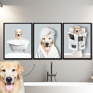 Custom Pet Portraits Set of 3, Pet in Bathtub, Funny Bathroom Art Print, Personalized Pet Dog Mom Gift Illustration