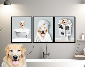 Custom Pet Portraits Set of 3, Pet in Bathtub, Funny Bathroom Art Print, Personalized Pet Dog Mom Gift Illustration