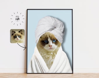 May include: A white cat wearing a white towel on its head and a white bathrobe. The cat has blue eyes and a light brown and white coat.