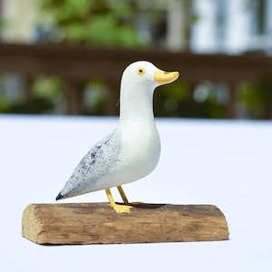 Vintage Carved Wood Seagull on Driftwoood, Wooden Bird Figurine by Adalbert Thibault, Bird Lover Miniature figure, Signed, Seagull Sculpture
