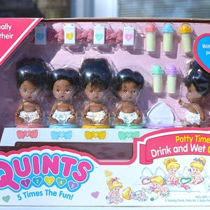 Tyco Quints Potty Time Playset: 1991 African American Drink & Wet Dolls, #1548, New in Sealed box, 90s dolls, Rare