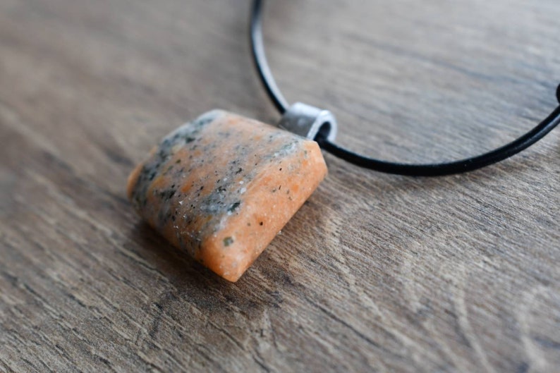 Presque Isle Boho Lake Erie Syenite Beach Stone Pendant Necklace hammered aluminum bale adjustable black leather cord Artisan Jewelry