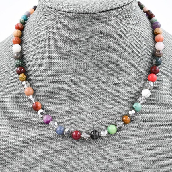 Beaded Mixed Genuine Semiprecious Stone and Smokey Crystal Necklace, 18", Artisan Jewelry, Boho, Multicolored Stone Necklace, Nontarnishing