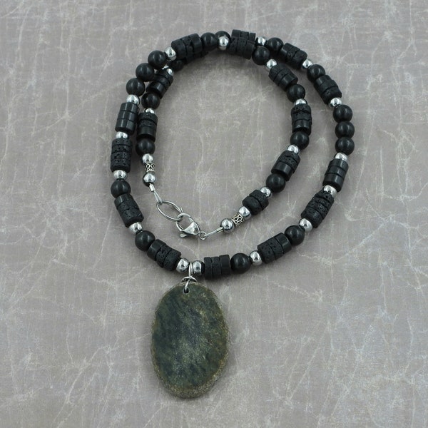 Lake Erie Serpentine Beach Stone Beaded Stone Necklace, Lava Stone, Black Jasper Stone, 22" Unisex Stone Pendant Necklace, Boho, Artisan