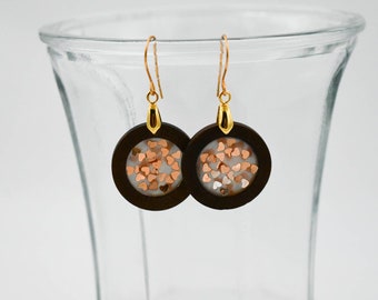 Round Wood and Resin Copper Heart Earrings, handmade, Unique Earrings, Gold Brass Bail and Earwire, Artisan Jewelry, Boho, Copper and Gold