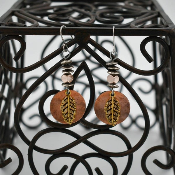 Mixed Metal Dangle Earrings, Brass Leaf, Brushed Copper Round, Silver, Gold Hematite stone, 925 Sterling silver earwire, Artisan, Bohemian