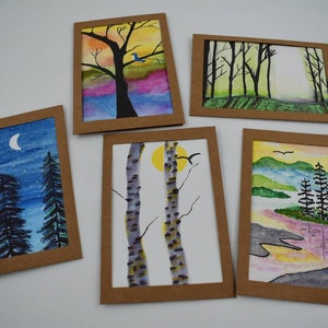 Arbres assortis Art Print Cartes de vœux vierges, Cartes de vœux encadrables matées, 5pk, Aquarelle, Carte artisanale, Cartes uniques, faites à la main