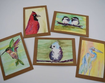 Assorted Bird Artisan Greeting Cards, Watercolor, Blank, Frameable Greeting Cards, Handmade, Unique Gift, 5 pack