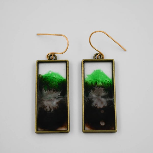 Gold Rectangular Resin Alcohol Ink Earrings, Artisan Jewelry, Unique, Coffee Brown, Lime Green, White , Clear, Drop Earrings, Brass Earwire