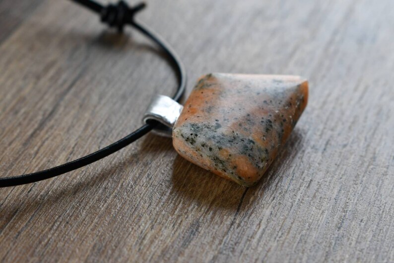 Presque Isle Boho Lake Erie Syenite Beach Stone Pendant Necklace hammered aluminum bale adjustable black leather cord Artisan Jewelry