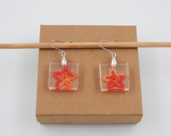Crystal Clear Resin Epoxy and Tatted Lace Flower Square Earrings, Hypoallergenic Steel Earwire, Artisan Drop Earrings, Unique Jewelry,