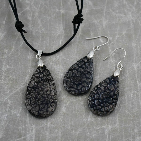 Clay Pottery Painted and Glazed Artisan Jewelry Set, 925 Earwire, Adjustable knot black leather cord, 14" to 26", Unique Jewelry Set, Mica