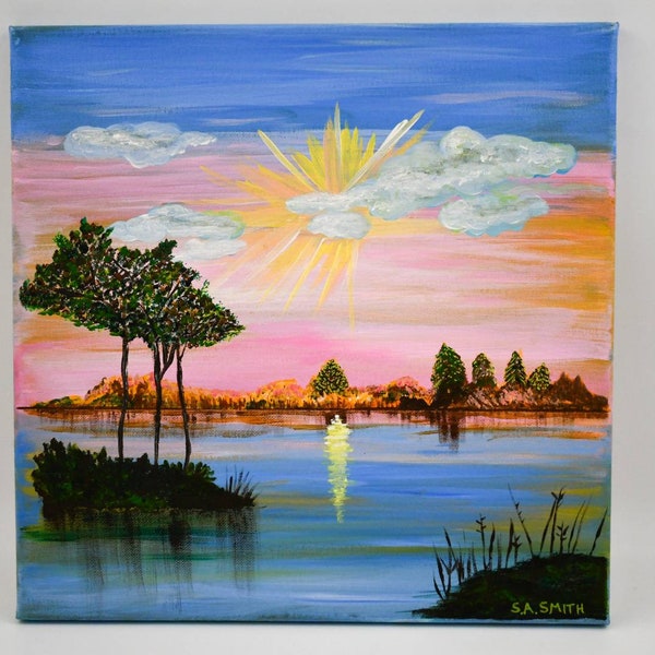 Tranquility, Acrylic landscape painting on stretched canvas, UV protected, Pymatuning, Contemporary Impressionism, 14" x 14" x .5", Colorful