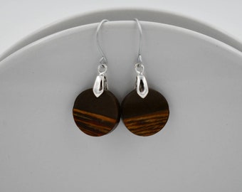 Small Round Wood and Resin Earrings, Coffee Brown, Hypoallergenic Steel Earwire, Artisan Jewelry, Unique Wood Earrings, Lightweight Earrings