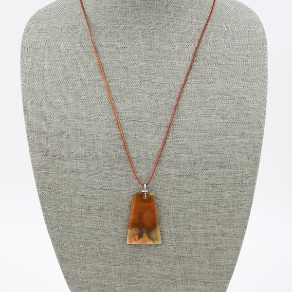 Genuine Natural Earthtone Agate Stone Pendant Necklace, 26" Brown Leather Cord, Steel Accessories, Artisan Stone Jewelry, Boho, Unique