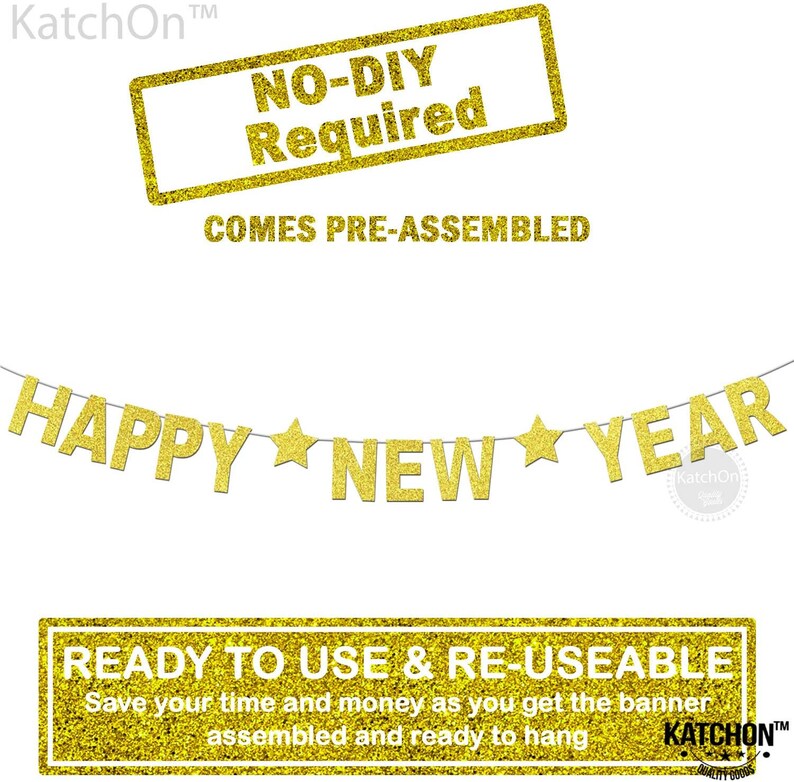 Happy New Year Glitter Banner \u2013 Real Glitter Star NYE Banner Gold Paper Glitter Hanging Banner Sign New Year Decorations No DIY Required